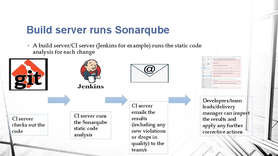 Build server runs Sonarqube • A build server/CI server (Jenkins for example) runs the
