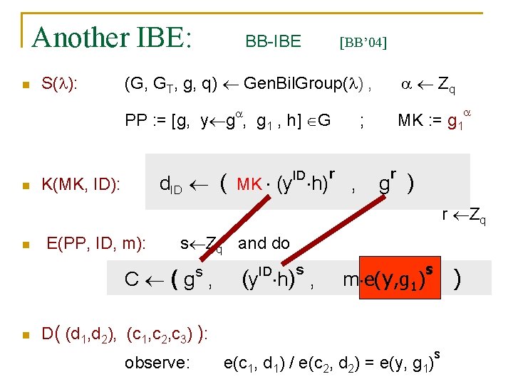 Another IBE: n S( ): BB-IBE [BB’ 04] (G, GT, g, q) Gen. Bil.