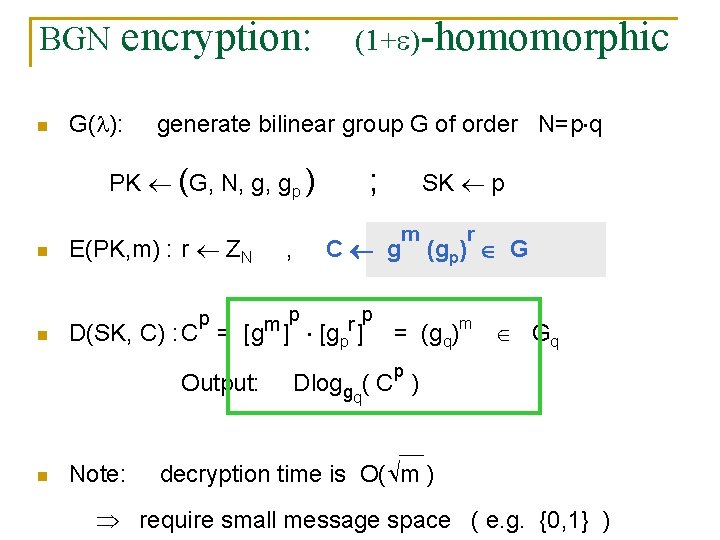 BGN n encryption: G( ): (1+ )-homomorphic generate bilinear group G of order N=p