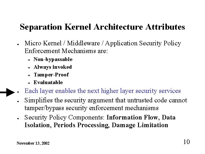 Separation Kernel Architecture Attributes ● Micro Kernel / Middleware / Application Security Policy Enforcement