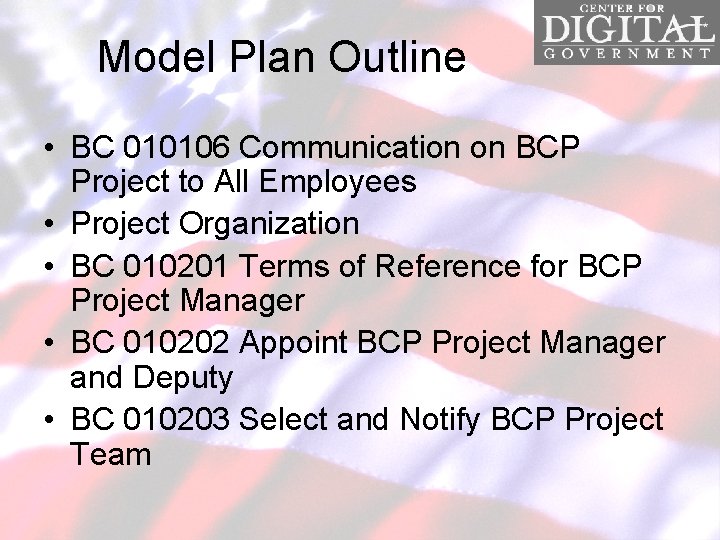 Model Plan Outline • BC 010106 Communication on BCP Project to All Employees •