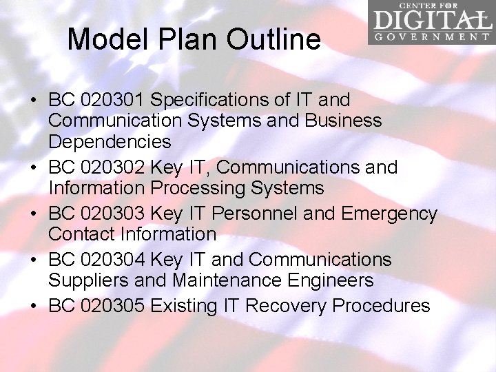 Model Plan Outline • BC 020301 Specifications of IT and Communication Systems and Business