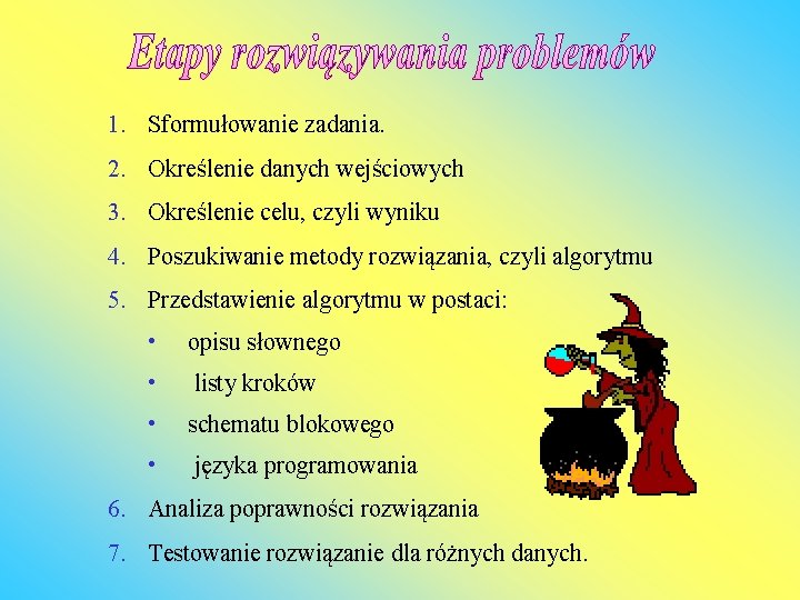 1. Sformułowanie zadania. 2. Określenie danych wejściowych 3. Określenie celu, czyli wyniku 4. Poszukiwanie