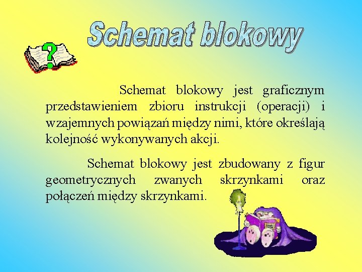  Schemat blokowy jest graficznym przedstawieniem zbioru instrukcji (operacji) i wzajemnych powiązań między nimi,