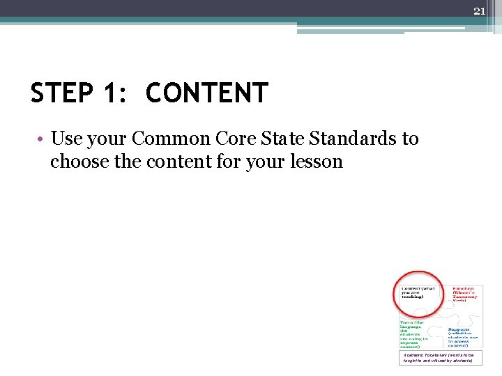 21 STEP 1: CONTENT • Use your Common Core State Standards to choose the