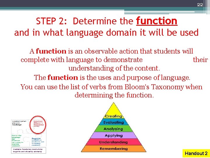 22 STEP 2: Determine the function and in what language domain it will be