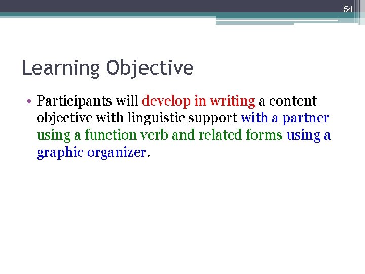 54 Learning Objective • Participants will develop in writing a content objective with linguistic