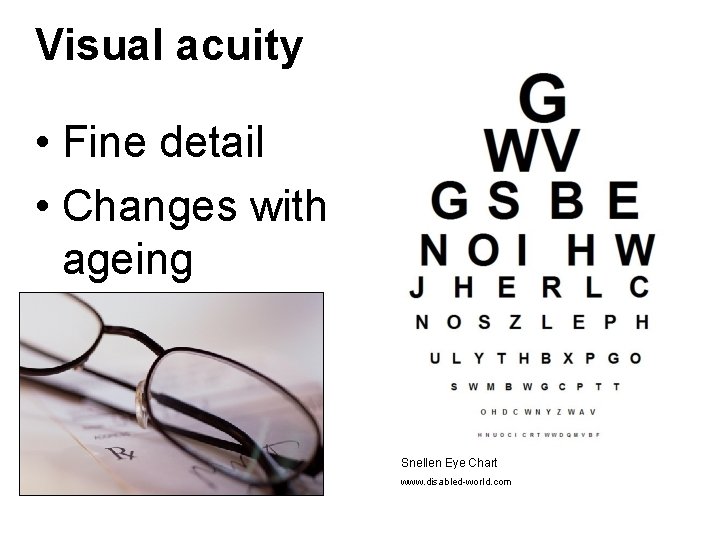 Visual acuity • Fine detail • Changes with ageing Snellen Eye Chart www. disabled-world.