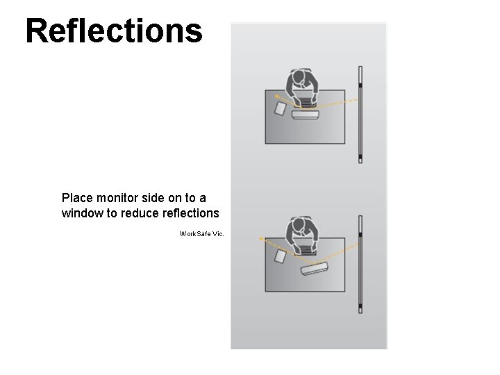 Reflections Place monitor side on to a window to reduce reflections Work. Safe Vic.