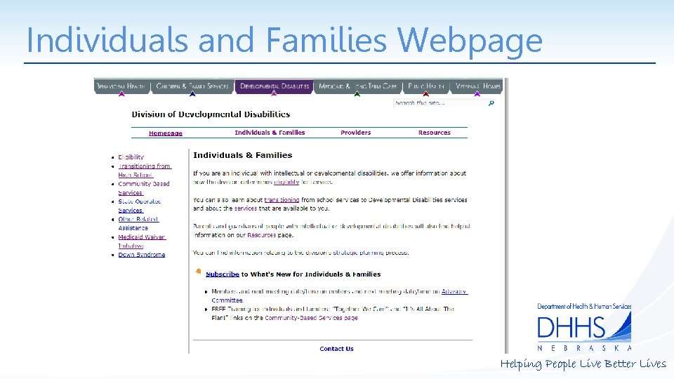 Individuals and Families Webpage Helping People Live Better Lives 