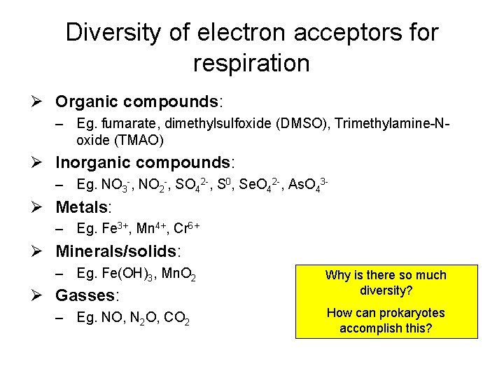 Diversity of electron acceptors for respiration Ø Organic compounds: – Eg. fumarate, dimethylsulfoxide (DMSO),