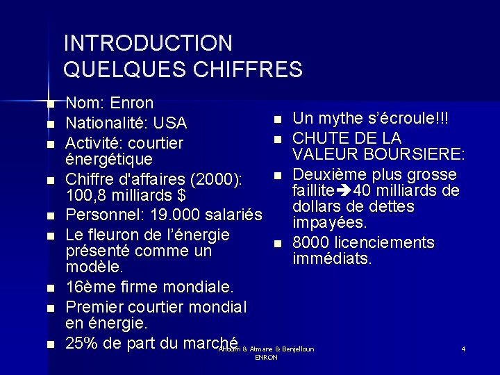 INTRODUCTION QUELQUES CHIFFRES n n n n n Nom: Enron n Un mythe s’écroule!!!