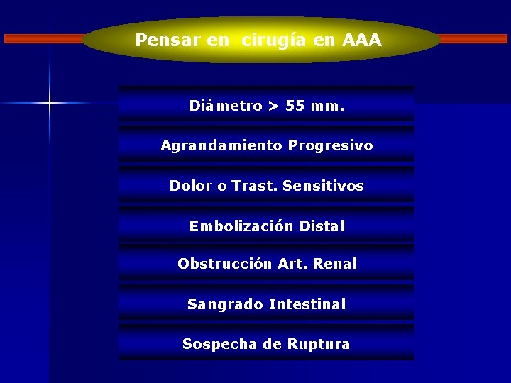 Pensar en cirugía en AAA Diámetro > 55 mm. Agrandamiento Progresivo Dolor o Trast.