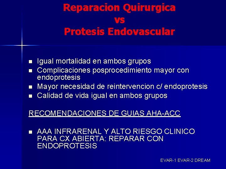 Reparacion Quirurgica vs Protesis Endovascular n n Igual mortalidad en ambos grupos Complicaciones posprocedimiento