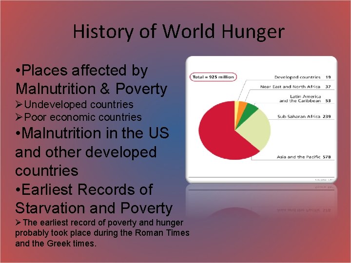 History of World Hunger • Places affected by Malnutrition & Poverty ØUndeveloped countries ØPoor