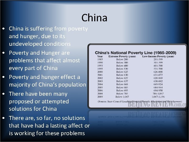 China • China is suffering from poverty and hunger, due to its undeveloped conditions