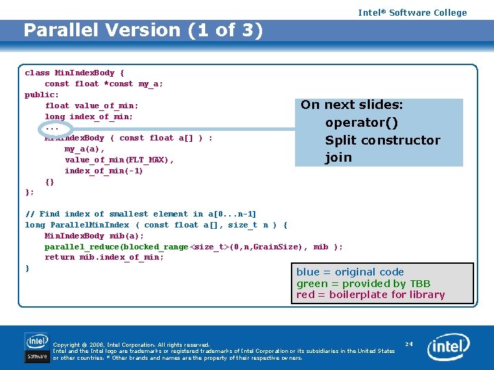 Intel® Software College Parallel Version (1 of 3) class Min. Index. Body { const