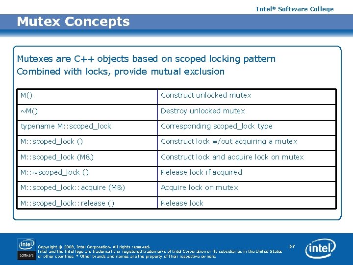 Intel® Software College Mutex Concepts Mutexes are C++ objects based on scoped locking pattern