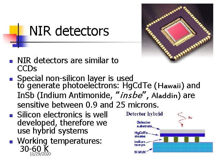 NIR detectors n n NIR detectors are similar to CCDs Special non-silicon layer is