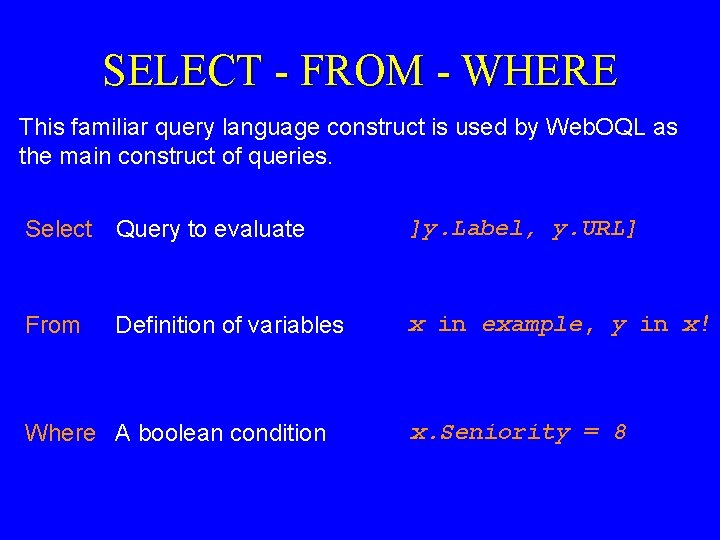 SELECT - FROM - WHERE This familiar query language construct is used by Web.