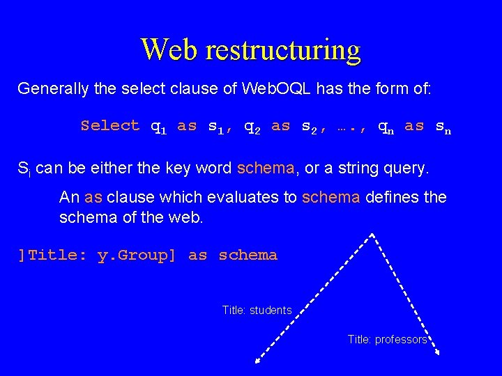 Web restructuring Generally the select clause of Web. OQL has the form of: Select