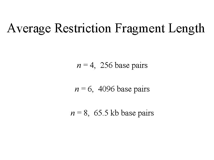 Average Restriction Fragment Length n = 4, 256 base pairs n = 6, 4096