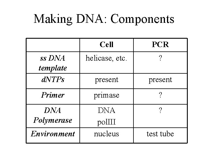 Making DNA: Components Cell PCR ss DNA template d. NTPs helicase, etc. ? present