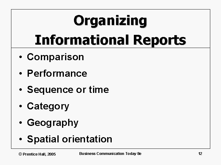 Organizing Informational Reports • Comparison • Performance • Sequence or time • Category •