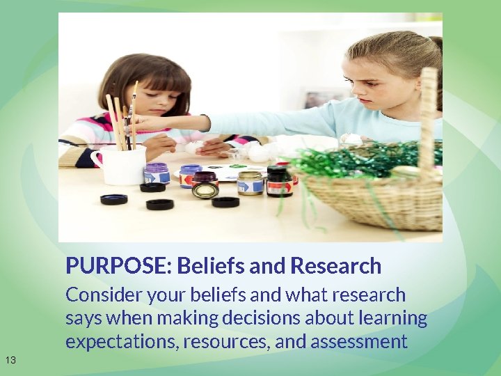 PURPOSE: Beliefs and Research Consider your beliefs and what research says when making decisions