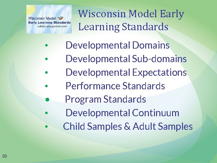 Wisconsin Model Early Learning Standards • • 30 Developmental Domains Developmental Sub-domains Developmental Expectations