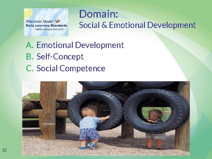Domain: Social & Emotional Development A. Emotional Development B. Self-Concept C. Social Competence 32