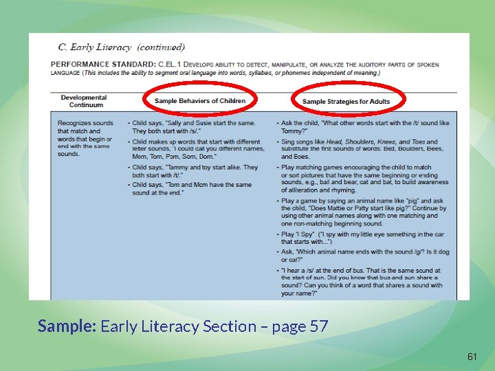 Sample: Early Literacy Section – page 57 61 