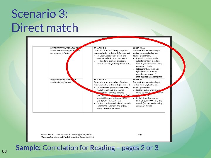 Scenario 3: Direct match 63 Sample: Correlation for Reading – pages 2 or 3