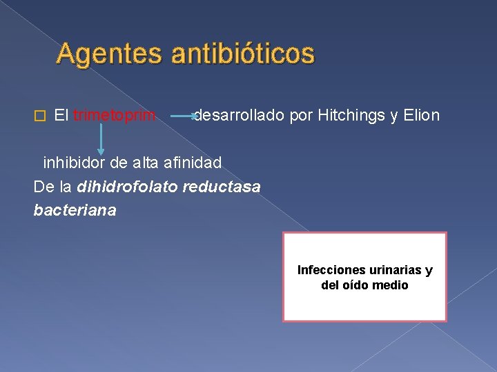 Agentes antibióticos � El trimetoprim desarrollado por Hitchings y Elion inhibidor de alta afinidad