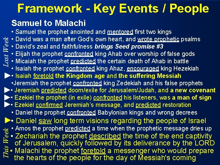 Framework - Key Events / People Last Week Samuel to Malachi • Samuel the