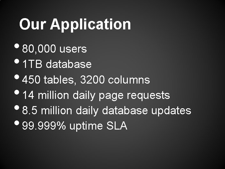 Our Application • 80, 000 users • 1 TB database • 450 tables, 3200