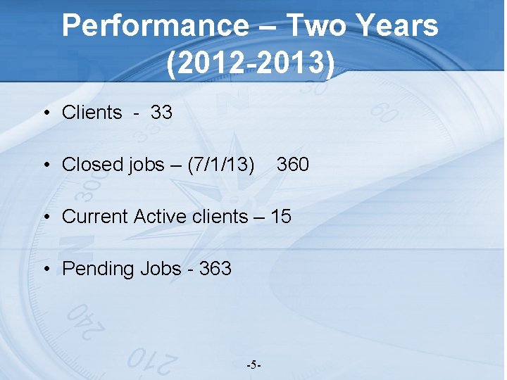 Performance – Two Years (2012 -2013) • Clients - 33 • Closed jobs –