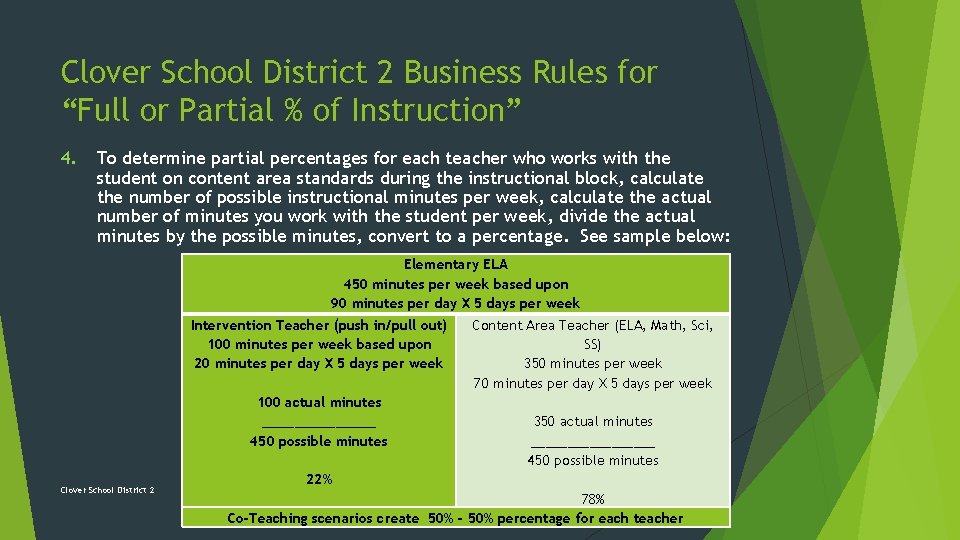 Clover School District 2 Business Rules for “Full or Partial % of Instruction” 4.