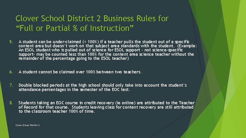 Clover School District 2 Business Rules for “Full or Partial % of Instruction” 5.