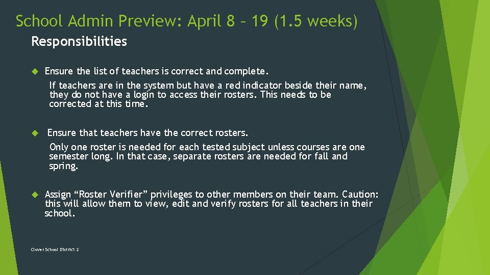 School Admin Preview: April 8 – 19 (1. 5 weeks) Responsibilities Ensure the list