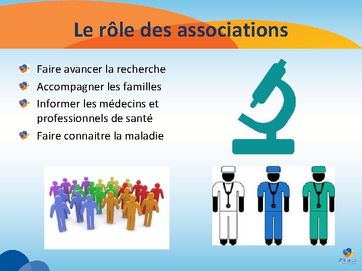 Le rôle des associations Faire avancer la recherche Accompagner les familles Informer les médecins Le rôle des associations Faire avancer la recherche Accompagner les familles Informer les médecins