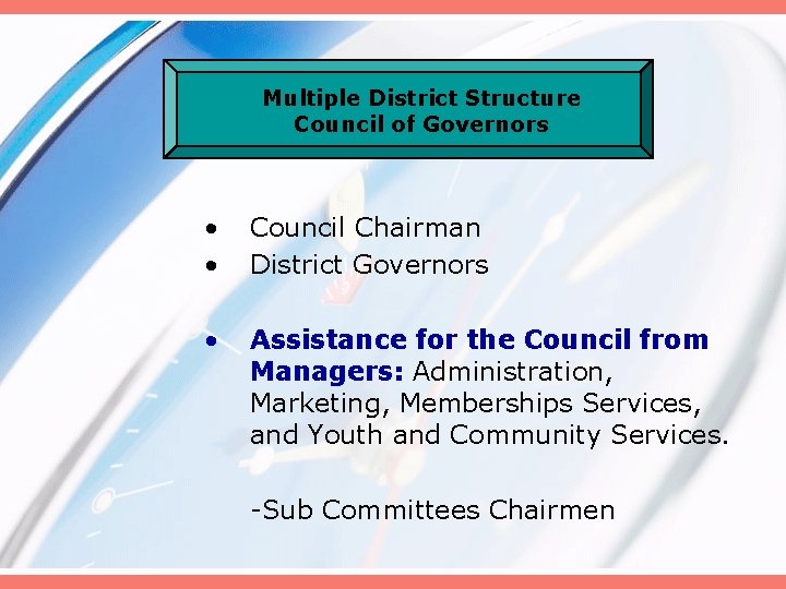 Multiple District Structure Council of Governors • • Council Chairman District Governors • Assistance
