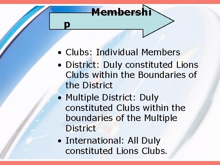 p Membershi • Clubs: Individual Members • District: Duly constituted Lions Clubs within the