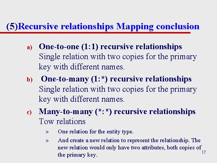 (5)Recursive relationships Mapping conclusion a) b) c) One-to-one (1: 1) recursive relationships Single relation (5)Recursive relationships Mapping conclusion a) b) c) One-to-one (1: 1) recursive relationships Single relation