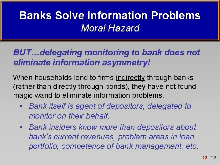 Banks Solve Information Problems Moral Hazard BUT…delegating monitoring to bank does not eliminate information