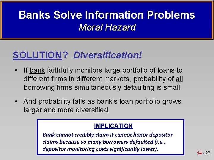 Banks Solve Information Problems Moral Hazard SOLUTION? Diversification! • If bank faithfully monitors large