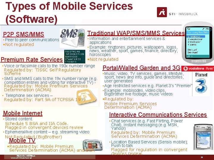 Types of Mobile Services (Software) P 2 P SMS/MMS • Peer to peer communications