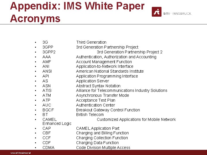 Appendix: IMS White Paper Acronyms • • • • • • www. sti-innsbruck. at
