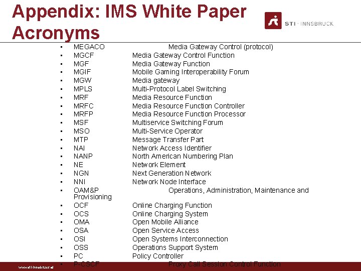 Appendix: IMS White Paper Acronyms • • • • • www. sti-innsbruck. at •