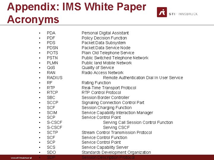 Appendix: IMS White Paper Acronyms www. sti-innsbruck. at • • • • • •